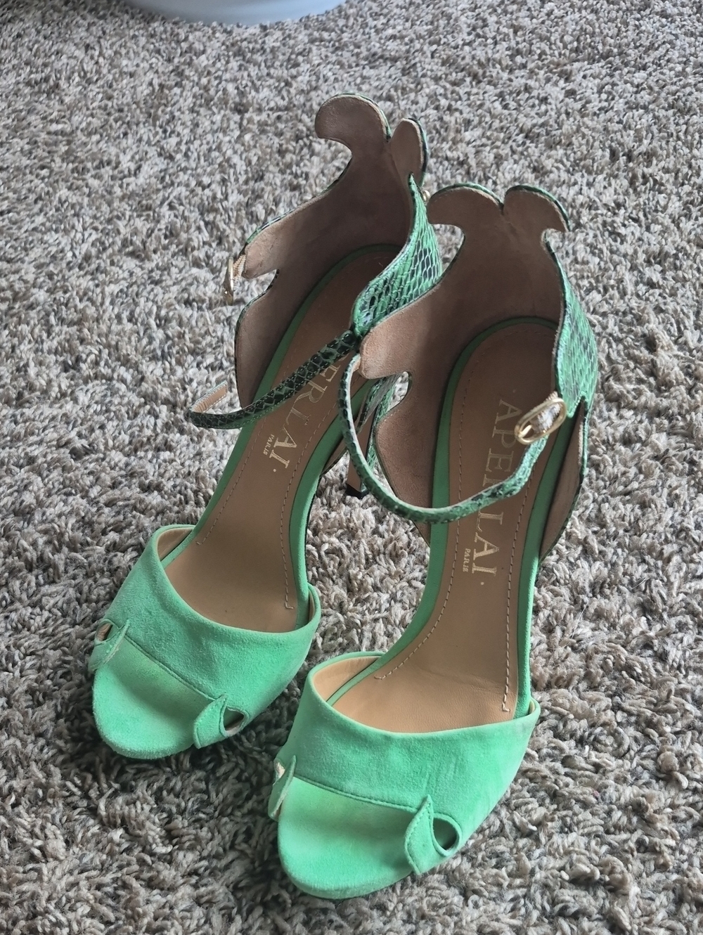 Green Suede Scalloped Ankle Strap Heels
